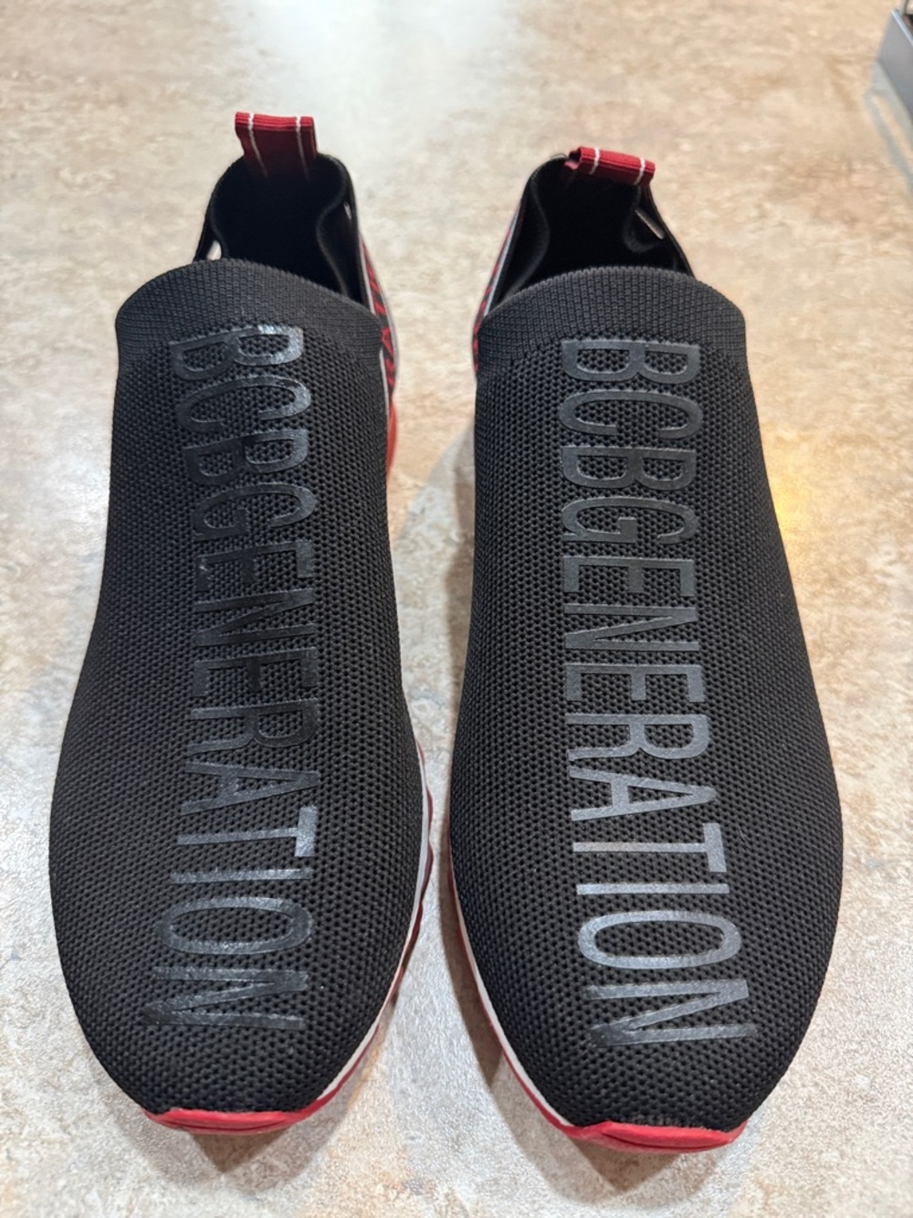 BCBGeneration Black Knit Slip-On Sneakers with Red Trim